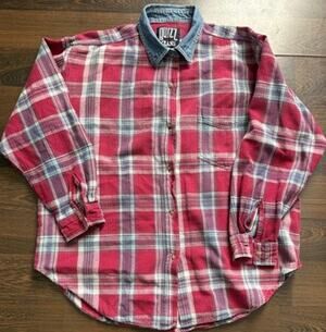 Vintage 90s Quizz Jeans Plaid Flannel Denim Collar Shirt L